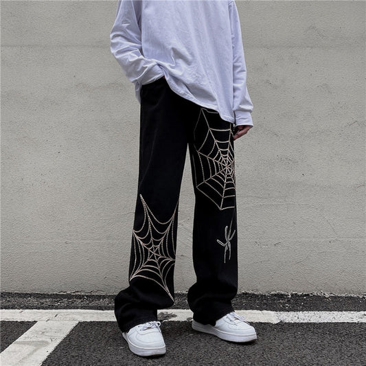 Men's Black Streetwear Spider Web Pants - Motherlode Merch
